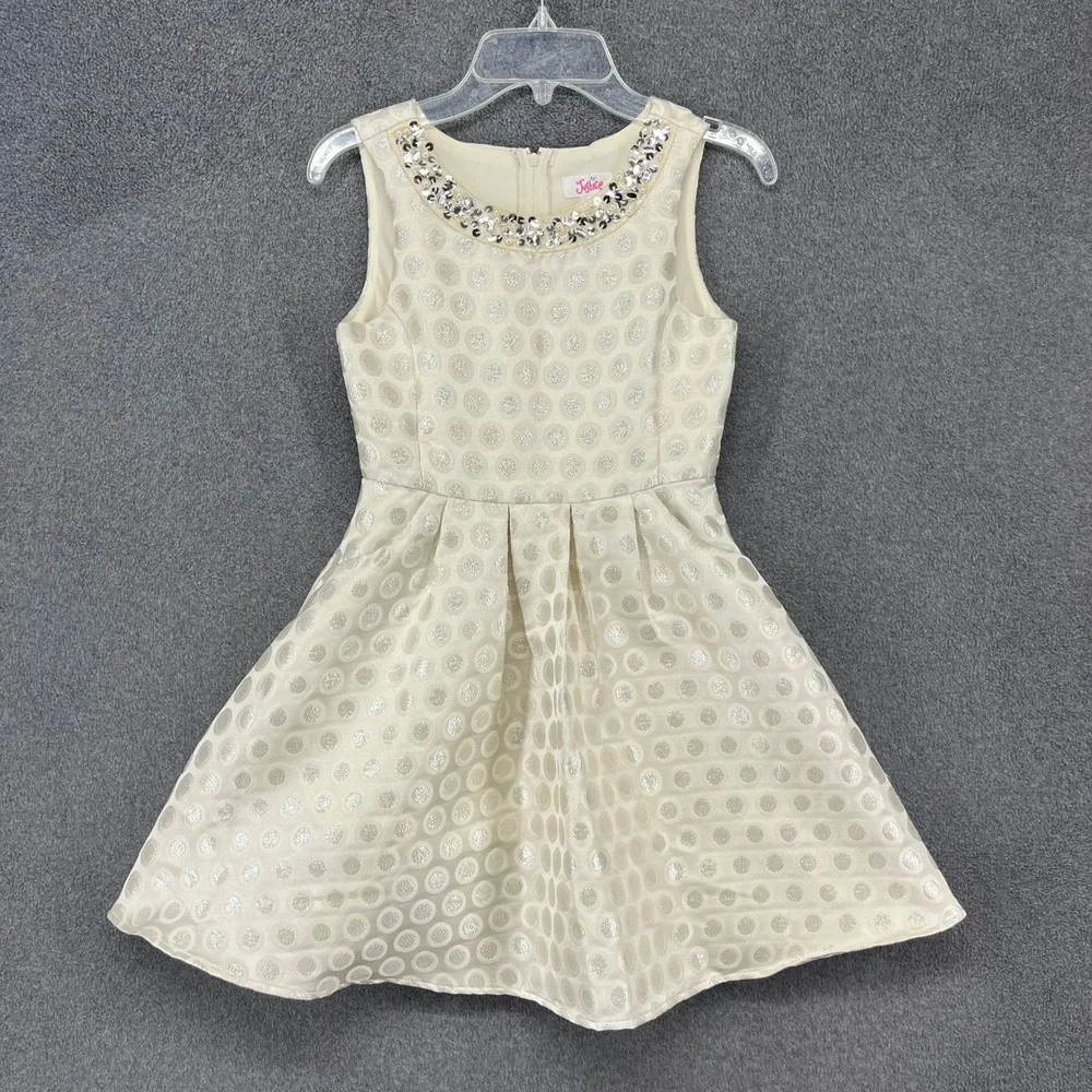 Justice Party Dress Girls 8 Cream Silver Metallic Polka Dot Sequin Embellished